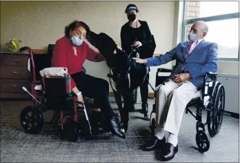  ?? PHOTOS BY SETH WENIG — THE ASSOCIATED PRESS ?? Sal Markowitz, 96, right, and Sandra Greer, 82, left, visits with Marley, a Great Dane, while therapeuti­c activities director Catherine Farrell looks on at The Hebrew Home at Riverdale in New York, on Dec. 9.