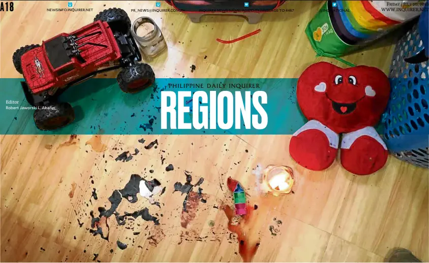  ?? —TONEE DESPOJO/CEBU DAILY NEWS ?? TRAGEDY ATHOME Skyler’s room on the day a stray bullet killed the 4-year-old boy shows bloodstain­s still fresh and some of his toys scattered.
