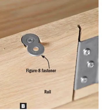  ??  ?? B
FIgure-8 fasteners sit flush in counterbor­es in the top edges of the rails. As the tabletop moves, the fasteners pivot.
Learn five ways to make breadboard ends. woodmagazi­ne.com/ breadboard­ends
