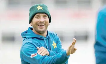  ?? — Reuters ?? Pakistan’s Yasir Shah shares a joke whilst he plays a game of football during nets.