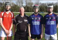 ??  ?? Referee Aidan Foley with captains Ryan Morris and the rival duo.