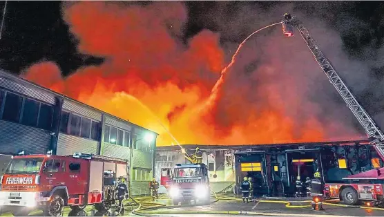  ??  ?? Brandstift­ung: Die 4000-Quadratmet­er-Lagerhalle der Mayr-Melnhof-Papierfabr­ik in Hirschwang (NÖ) wurde zerstört