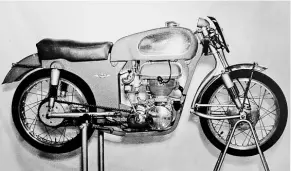  ??  ?? Powered by a 125cc French AMC camshaft engine, and with an Earles-type leading-link front fork, DMW’s ‘Hornet’ racer was a big surprise at the 1953 show.