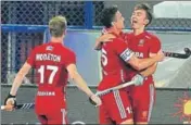  ??  ?? England players celebrate after scoring against New Zealand in their crossover match of the hockey World Cup. ARABINDA MAHAPATRA/HT