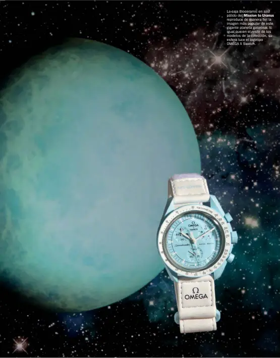  ?? ?? La caja Bioceramic en azul pálido del Mission to Uranus reproduce de manera fiel la imagen más popular de este gigante planeta gaseoso. Al igual que en el resto de los modelos de la colección, su esfera luce el logotipo OMEGA X Swatch.
esquire.es 33