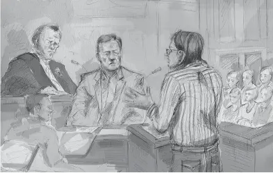  ?? ALEXANDRA NEWBOULD / THE CANADIAN PRESS ?? Judge Michael Code, Mark Smich, Clayton Babcock and Dellen Millard, left to right, are shown in this artist’s sketch at the first-degree murder trial of Millard and Smich in Toronto on Monday. A woman who vanished five years ago was murdered, and her...