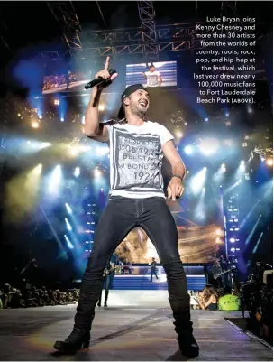  ??  ?? Luke Bryan joins Kenny Chesney and more than 30 artists from the worlds of country, roots, rock, pop, and hip-hop at the festival, which last year drew nearly 100,000 music fans to Fort Lauderdale Beach Park (ƚƛƨưƞ).