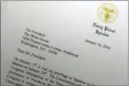  ?? WAYNE PARTLOW - THE ASSOCIATED PRESS ?? A portion of a letter sent to President Donald Trump from House Speaker Nancy Pelosi, Wednesday, Jan. 16, in Washington. Pelosi has asked President Trump to postpone his State of the Union address to the nation, set for Jan. 29, until the government reopens.