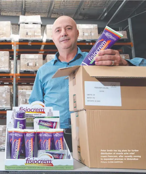  ?? Picture: GLENN HAMPSON ?? Peter Smith has big plans for further distributi­on of muscle ache relief cream Fisiocrem, after recently moving to expanded premises in Molendinar.
