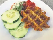  ??  ?? Above, Falafel Waffles with Roasted Tomato Dressing. Below, Messy Chicken and Cheese Dinner Waffles in the wafflemake­r.