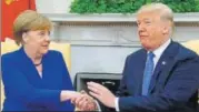  ?? REUTERS ?? US President Donald Trump welcomes German Chancellor Angela Merkel at the White House on Friday.