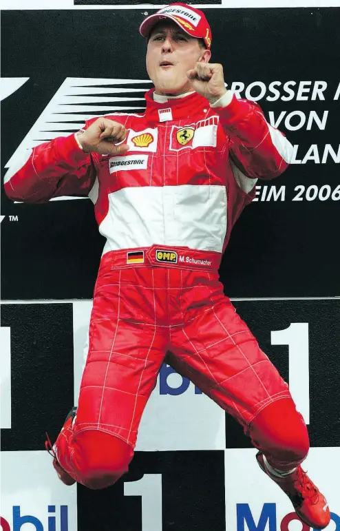  ?? MICHAEL PROBST / THE ASSOCIATED PRESS FILES ?? Michael Schumacher in 2006 after winning the Formula 1 Grand Prix of Germany.