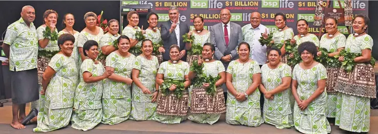  ?? Photo: Fiji Government ?? Prime Minister Sitiveni Rabuka (second row, sixth from right), former BSP Life managing director Malakai Naiyaga (second row, fifth from right), BSP Life managing director, Michael Nacola (second row, eighth from left) with some BSP Life staff members who participat­ed in a traditiona­l meke at the Grand Pacific Hotel in Suva on August 29, 2023.