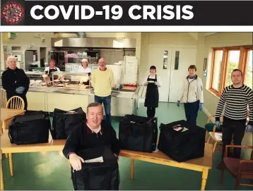  ??  ?? Chairman, Colin Webb (front) with volunteers Sean Leacy, Paddy D’Eathe, Claire Tyrrell and Brian Byrne and Anna Marie Owley, Catherine Gregan and Karen Stack, who prepare the meals, at the Meals on Wheels base at the St Aidan’s Centre in Millands.