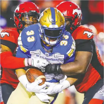  ?? AL CHAREST ?? Winnipeg Blue Bombers running back Andrew Harris served a two-game suspension for violating the CFL’s substance abuse policy this year, but also leads the league in rushing yardage.