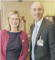  ??  ?? Secretary of State for Education Justine Greening with Scalby School headteache­r David Read.
