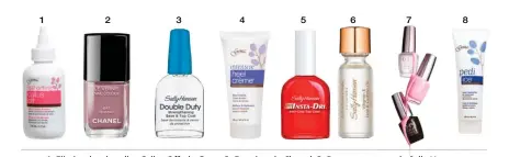  ??  ?? 1. Eliminador de callos Callus Off; de Gena. 2. Esmalte; de Chanel. 3. Base protectora; de Sally Hansen.
4. Crema hidratante, suavizante y reparadora para talones; de Gena. 5. Esmalte de secado rápido; de Sally Hansen. 6. Vitamina E para uñas y...