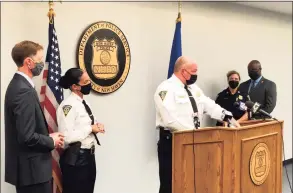  ?? Ben Lambert / Hearst Connecticu­t Media ?? Officials hold a weekly news conference on gun violence and police-related matters Monday at the New Haven Police Department.