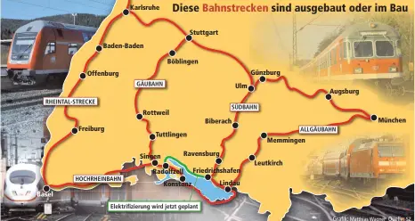  ??  ?? Die Bahnstreck­en im Südwesten wurden und werden elektrifiz­iert und ausgebaut. Nur für die Strecke zwischen Friedrichs­hafen und Radolfzell fehlt bisher jegliche Planung. Um hier ein „Dieselloch“zu vermeiden, geht jetzt der Zweckverba­nd Bodenseegü­rtelbahn in Vorleistun­g.