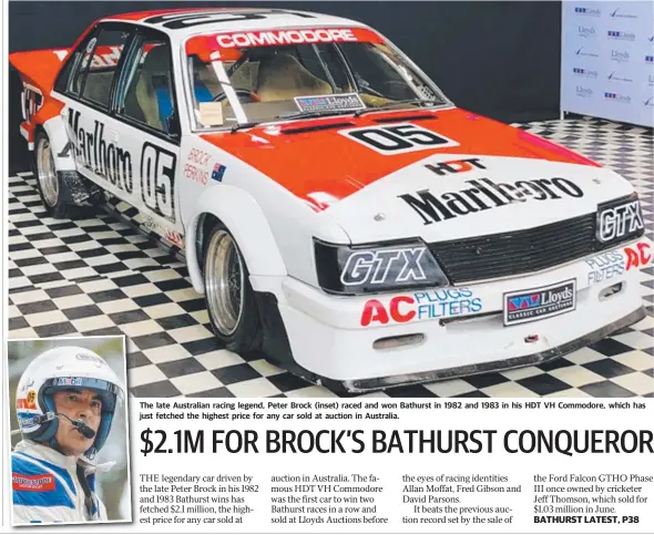  ??  ?? The late Australian racing legend, Peter Brock (inset) raced and won Bathurst in 1982 and 1983 in his HDT VH Commodore, which has just fetched the highest price for any car sold at auction in Australia.