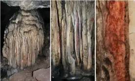  ?? Photograph: Joao Zilhao/ ICREA/AFP/Getty Images ?? A general view (left), medium close-up (middle) and extreme close up of a partly coloured stalagmite tower in the Spanish cave of Ardales, southern Spain.