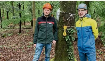  ?? FOTO: BASTIAN HAUCK ?? Martin Greve (links) von der FAWF, der das forstliche Umweltmoni­toring im Land leitet, und Matthias Arend, Pflanzenök­ologe an der Uni Trier, interessie­ren sich dafür, was im Boden und in der Luft im Wald passiert.