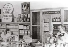  ??  ?? James Keyes started the Chicken Pharmacy (upper left and above), the world’s only drugstore devoted to poultry health, in 1923, in Petaluma, California, once known as the “Egg Basket of the World.”