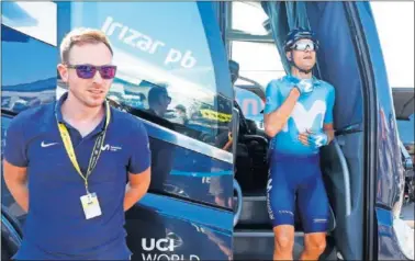  ??  ?? SANO Y SALVO. Mikel Landa sale del autobus del Movistar, le espera Andoni Sánchez, su masajista.