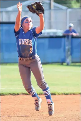  ??  ?? Senior Bailey Farrow reaches up to snare a line drive during the Lady Tigers’ 12-0 pasting of Murray County last week. Ringgold moved to 2-1 in Region 6-AAA North with the win. (Photo by Courtney Couey/Ringgold Tiger Shots)