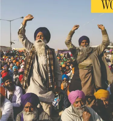  ?? ANINDITO MUKHERJEE/GETTY IMAGES ?? Farmers attend a protest Friday in Delhi. Over the past 20 years, some 3,300 destitute farmers have committed suicide in Punjab's district of Malwa — so many, that in some villages, nearly everyone has a tale of a relative who has died.