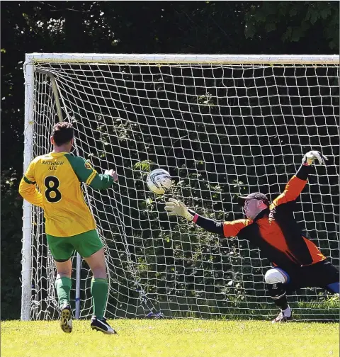  ??  ?? Rathnew’s Leighton Glynn (8) blasts his penalty past Wicklow Town keeper Ken Turner during the WDFL Premier Division game in Finlay Park, Wicklow. Picture: Garry O’Neill