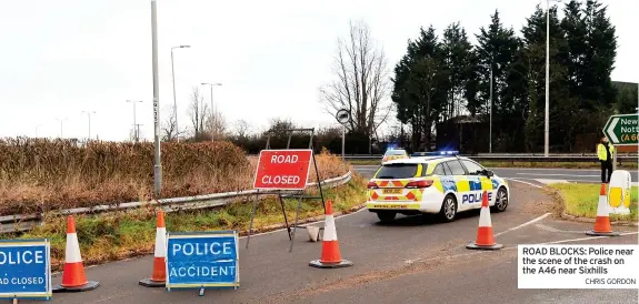  ?? CHRIS GORDON ?? ROAD BLOCKS: Police near the scene of the crash on the A46 near Sixhills