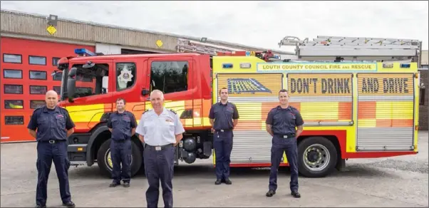  ??  ?? Station Officer Paddy Agnew (centre) with, from left, Sub-Officer David Teather, Fire Fighter (FF) Alan Feeley, FF Ross Bell and FF Brendan McKeever, Blue Watch, Louth Fire & Rescue Dundalk