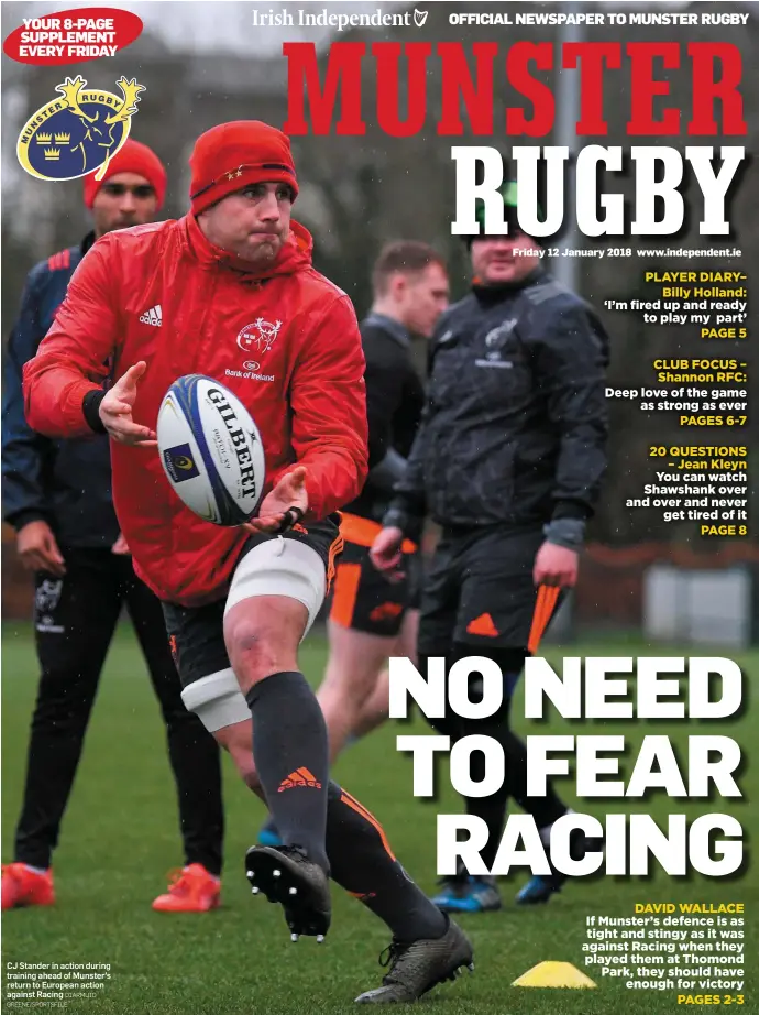  ?? DIARMUID GREENE/SPORTSFILE ?? CJ Stander in action during training ahead of Munster’s return to European action against Racing