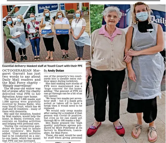  ??  ?? Essential delivery: Masked staff at Youell Court with their PPE
Thanks a million! Margaret Garratt and manager Emma Bailie