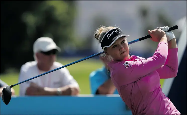  ?? — GETTY IMAGES ?? Brooke Henderson hits a shot on the 18th hole Wednesday ahead of the ANA Inspiratio­n pro-am at Mission Hills Country Club in Rancho Mirage, Calif.