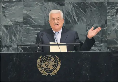  ?? AFP ?? Palestinia­n President Mahmoud Abbas addresses delegates at the UN General Assembly in New York last year