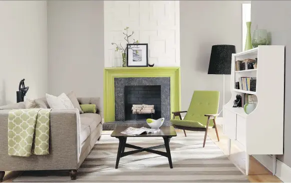 ?? SHERWIN-WILLIAMS ?? Sherwin-Williams Functional Gray SW 7024 is especially responsive to vibrant pops of colour, such as this showy lime green.