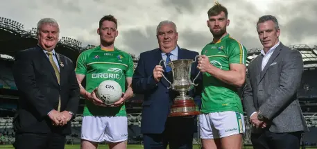  ??  ?? Uachtarán Chumann Lúthchleas Gael Aogán Ó Fearghail, Ireland vice-captain Conor McManus, Ireland manager Joe Kernan, Ireland captain Aidan O’Shea, and selector Pádraic Joyce at the squad announceme­nt.