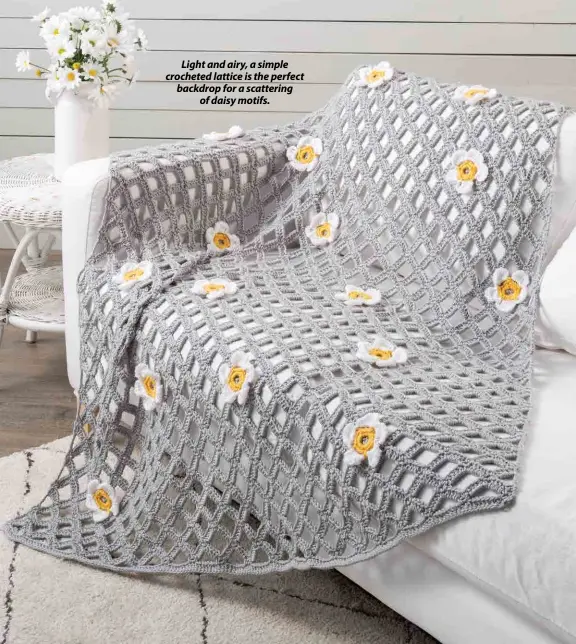  ??  ?? Light and airy, a simple crocheted lattice is the perfect backdrop for a scattering of daisy motifs.