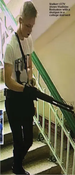  ??  ?? Stalker: CCTV shows Vladislav Roslyakov with a shotgun in a college stairwell