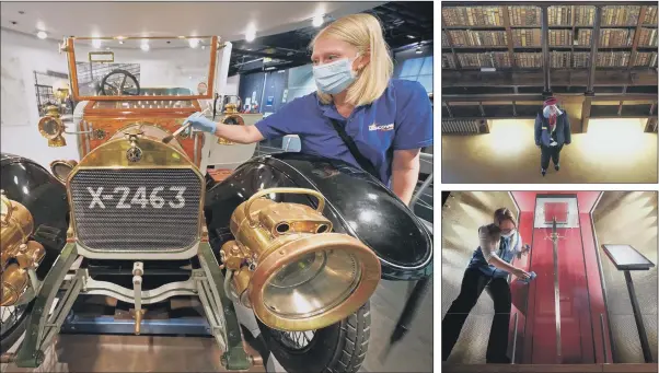  ?? PICTURES: PA WIRE/GETTY ?? CLEAN UP: Clockwise from left, Jill Lancaster cleans a 1911 Armstrong Whitworth car at the Discovery museum in Newcastle which will reopen on September 1; visitor host Jessica Baudet wears a protective visor as she stands in the Duke Humphrey’s Library at the Bodleian Libraries in Oxford; Sally Jeffrey, visitor attraction assistant at the Wallace Monument, near Stirling, cleans the case which houses the William Wallace sword.