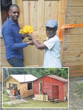  ??  ?? Eighty-seven-year-old Eulalee McDonald of Williamsfi­eld in Westmorela­nd receives a new house from Central Westmorela­nd Member of Parliament Dwayne Vaz.