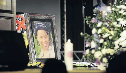  ?? / THULANI MBELE ?? A picture of Aids activist Prudence Nobantu Mabele is displayed during her memorial service at Wits University’s Great Hall in Braamfonte­in, Johannesbu­rg, at the weekend.