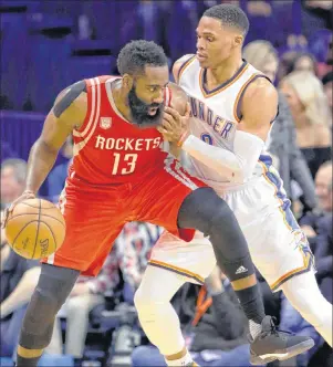  ?? AP PHOTO ?? In this Dec. 9, 2016, file photo, Houston Rockets guard James Harden (13) is defended by Oklahoma City Thunder guard Russell Westbrook (0) on a drive to the basket during the second half of an NBA basketball game in Oklahoma City. The NBA is driven by...