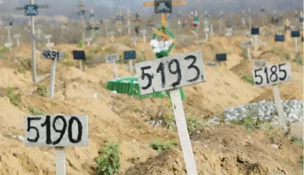  ?? AP ?? In an image taken from video, newly dug and numbered graves are seen Nov. 16 at the Staryi Krym cemetery outside of the occupied Ukrainian city of Mariupol.