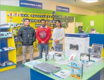  ??  ?? CHRIS Ouano, Ankit Bansal and Ritu Rani — the new team at Browning’s surrounded by Jaycar products and other computing supplies.