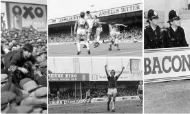  ?? ?? From left: an Oxo advert at the Boleyn Ground in 1930, Villa Park in 1987, Steve Earle scoring for Leicester at Luton in 1974 and St James' Park in 1981. Composite: Getty Images