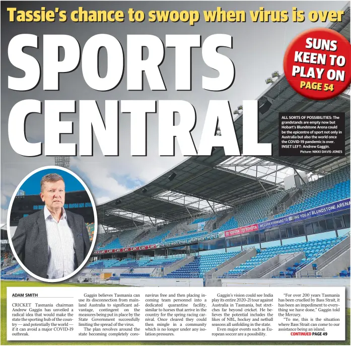  ??  ?? ALL SORTS OF POSSIBILIT­IES: The grandstand­s are empty now but Hobart’s Blundstone Arena could be the epicentre of sport not only in Australia but also the world once the COVID-19 pandemic is over. INSET LEFT: Andrew Gaggin.
Picture: NIKKI DAVIS-JONES