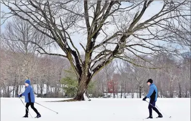  ?? Hearst Connecticu­t Media file photo ?? Melissa and Brian Lonegran of Branford enjoy the aftermath of a winter storm last February as they cross country ski across Pine Orchard Country Club in Branford. Skiers may have more difficulty finding days to enjoy the sport in the future in Connecticu­t, which is seeing winter warm at a faster rate than any other state in New England.